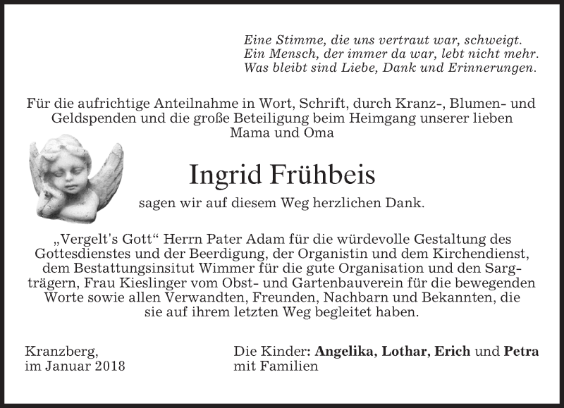  Traueranzeige für Ingrid Frühbeis vom 20.01.2018 aus merkurtz
