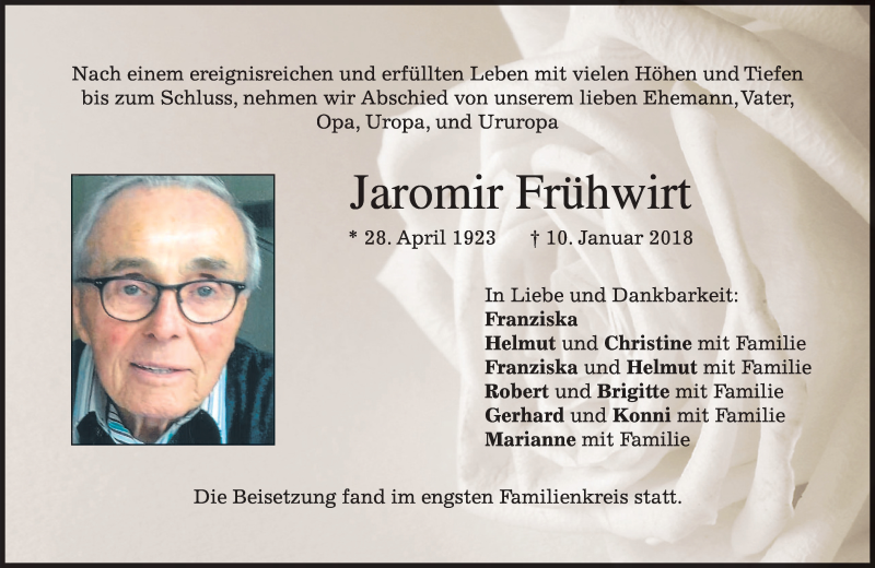  Traueranzeige für Jaromir Frühwirt vom 13.01.2018 aus merkurtz