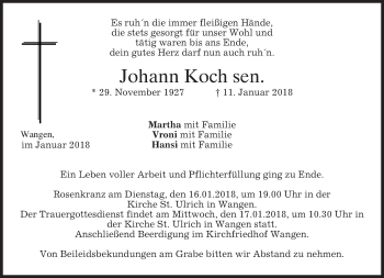 Traueranzeige von Johann Koch von merkurtz