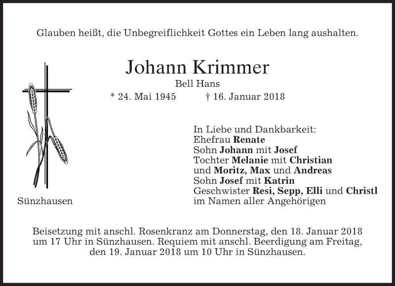  Traueranzeige für Johann Krimmer vom 18.01.2018 aus merkurtz