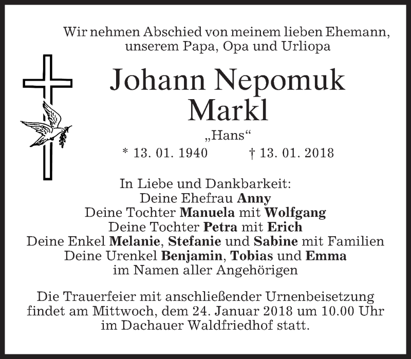  Traueranzeige für Johann Nepomuk Markl vom 20.01.2018 aus merkurtz