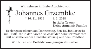 Traueranzeige von Johannes Grzembke von merkurtz