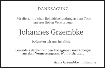 Traueranzeige von Johannes Grzembke von merkurtz