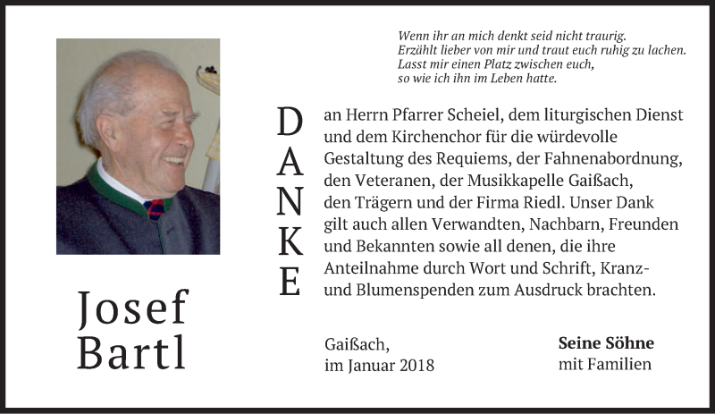  Traueranzeige für Josef Bartl vom 27.01.2018 aus merkurtz