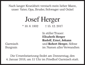 Traueranzeige von Josef Herger von merkurtz