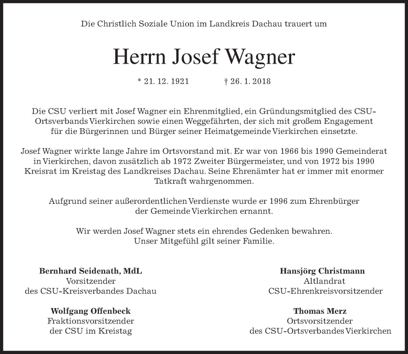  Traueranzeige für Josef Wagner vom 29.01.2018 aus merkurtz