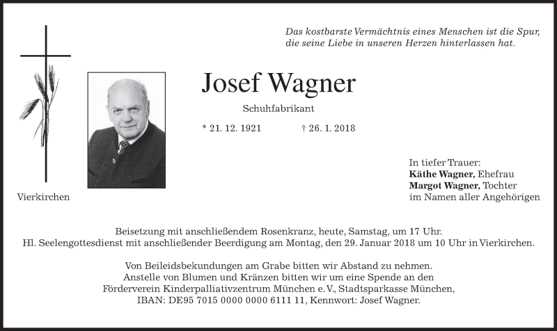  Traueranzeige für Josef Wagner vom 27.01.2018 aus merkurtz