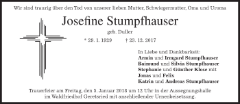 Traueranzeige von Josefine Stumpfhauser von merkurtz