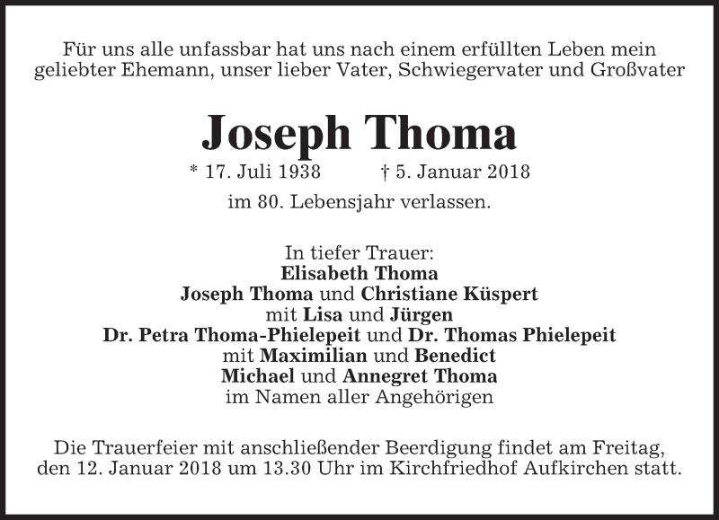  Traueranzeige für Joseph Thoma vom 09.01.2018 aus merkurtz