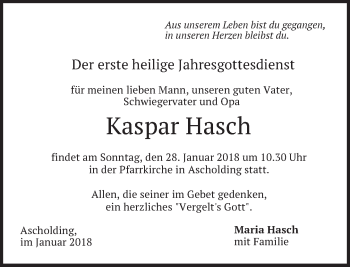 Traueranzeige von Kaspar Hasch von merkurtz