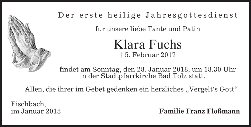  Traueranzeige für Klara Fuchs vom 24.01.2018 aus merkurtz
