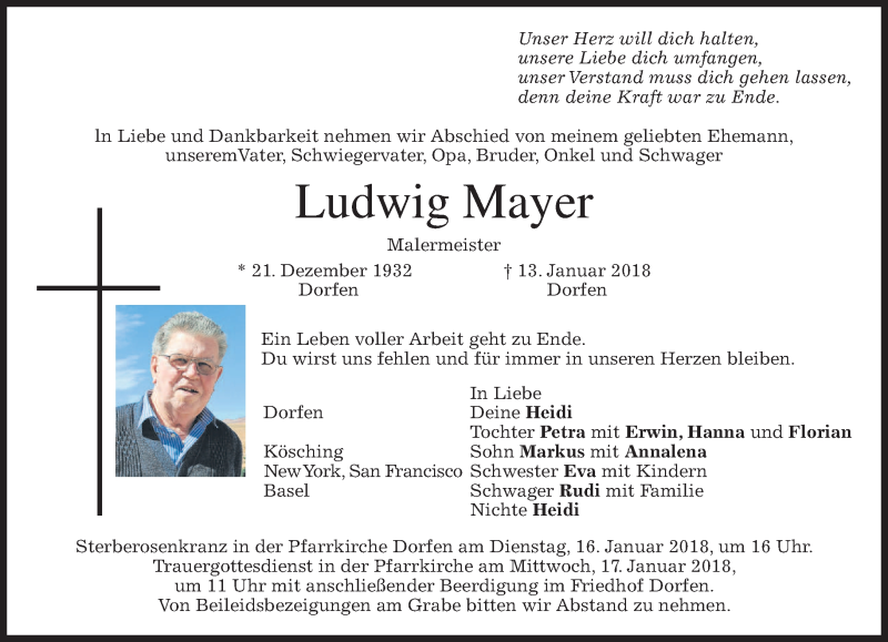  Traueranzeige für Ludwig Mayer vom 16.01.2018 aus merkurtz