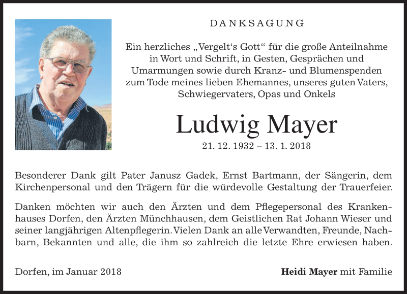  Traueranzeige für Ludwig Mayer vom 27.01.2018 aus merkurtz
