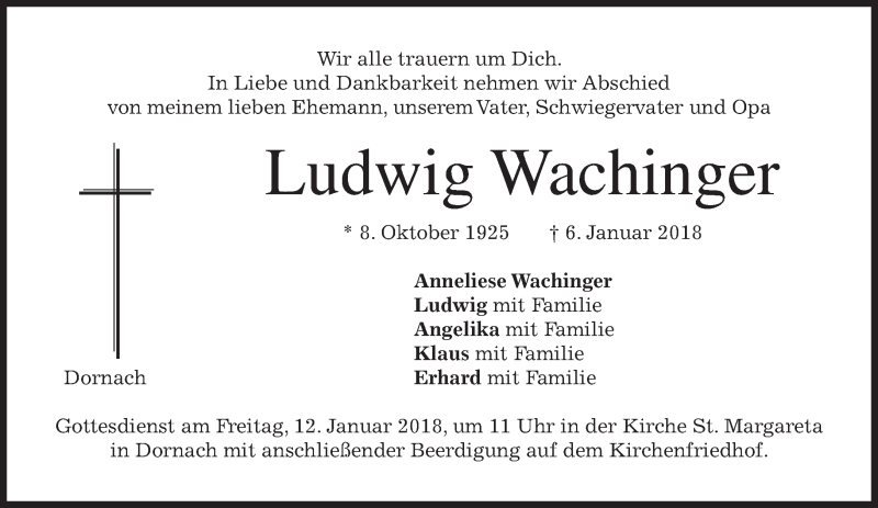  Traueranzeige für Ludwig Wachinger vom 10.01.2018 aus merkurtz