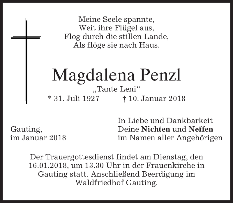  Traueranzeige für Magdalena Penzl vom 13.01.2018 aus merkurtz