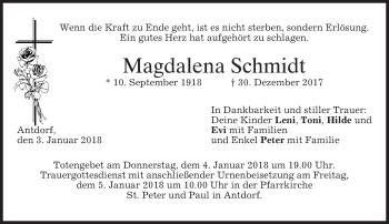 Traueranzeige von Magdalena Schmidt von merkurtz