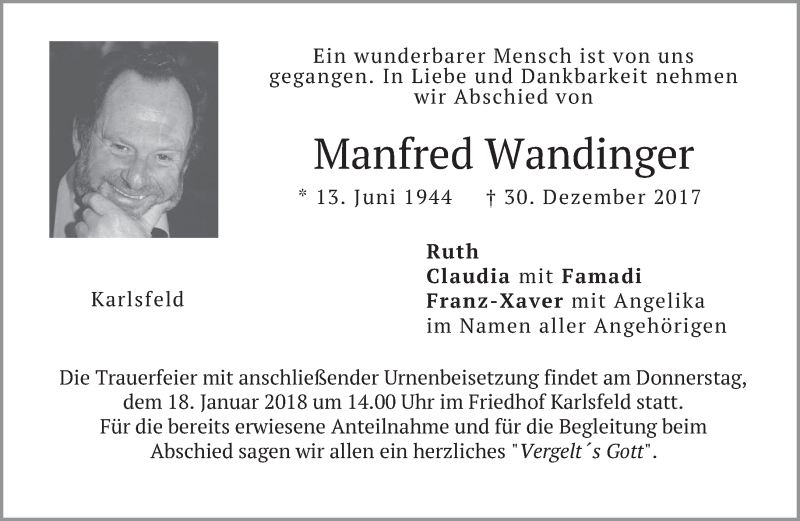  Traueranzeige für Manfred Wandinger vom 13.01.2018 aus merkurtz