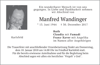 Traueranzeige von Manfred Wandinger von merkurtz