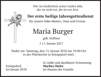 Traueranzeige von Maria Burger von merkurtz