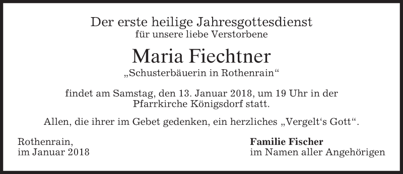  Traueranzeige für Maria Fiechtner vom 11.01.2018 aus merkurtz