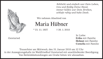 Traueranzeige von Maria Hübner von merkurtz