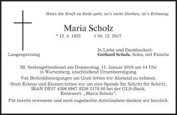 Traueranzeige von Maria Scholz von merkurtz