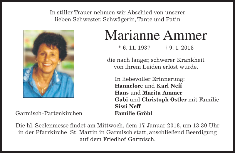  Traueranzeige für Marianne Ammer vom 13.01.2018 aus merkurtz