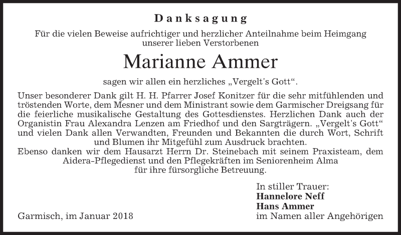  Traueranzeige für Marianne Ammer vom 27.01.2018 aus merkurtz