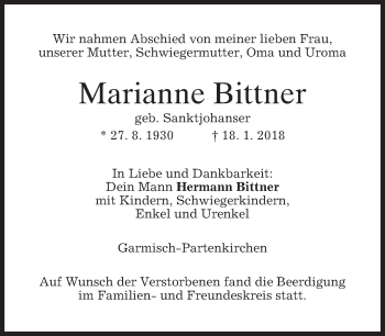 Traueranzeige von Marianne Bittner von merkurtz
