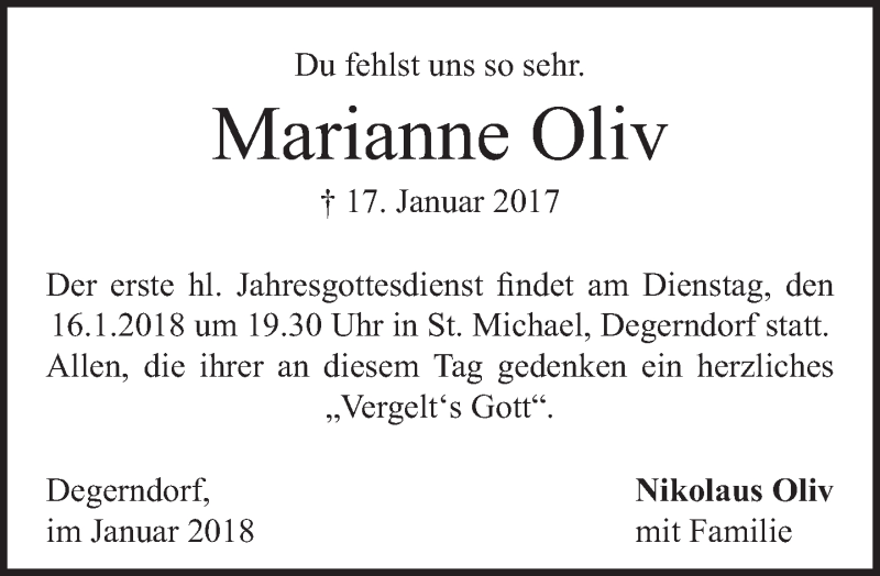  Traueranzeige für Marianne Oliv vom 13.01.2018 aus merkurtz