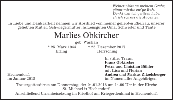 Traueranzeige von Marlies Obkircher von merkurtz