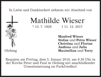 Traueranzeige von Mathilde Wieser von merkurtz