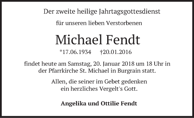  Traueranzeige für Michael Fendt vom 20.01.2018 aus merkurtz