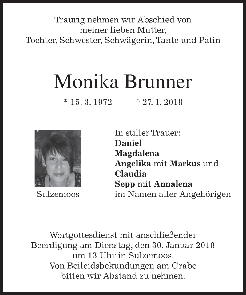  Traueranzeige für Monika Brenner vom 29.01.2018 aus merkurtz