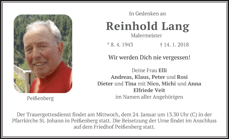  Traueranzeige für Reinhold Lang vom 23.01.2018 aus merkurtz
