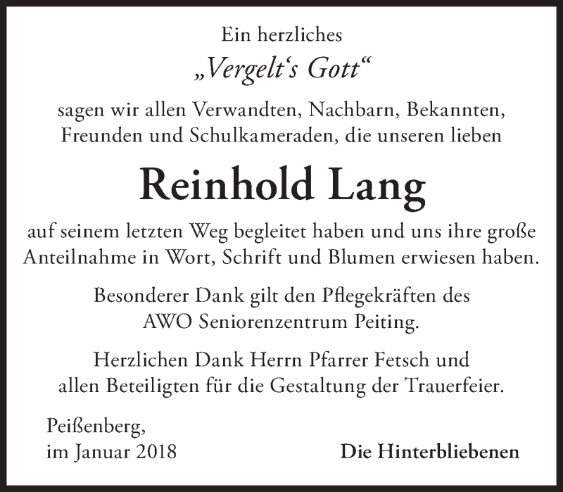  Traueranzeige für Reinhold Lang vom 31.01.2018 aus merkurtz