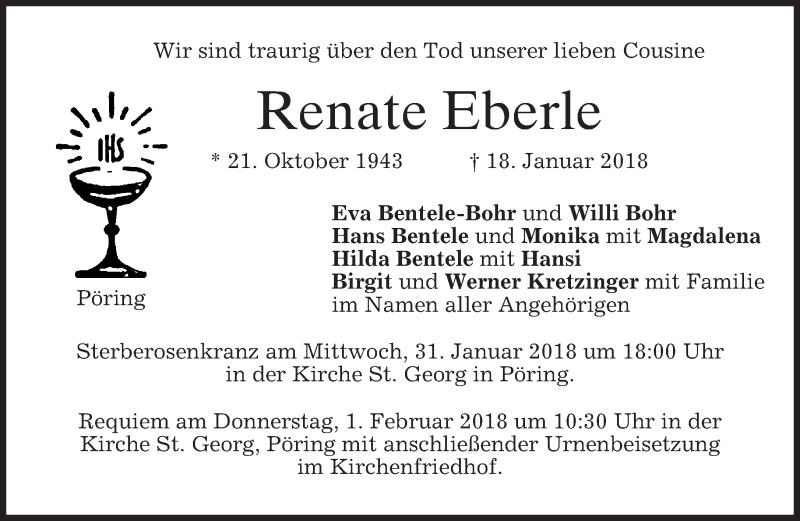  Traueranzeige für Renate Eberle vom 27.01.2018 aus merkurtz