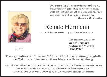 Traueranzeige von Renate Hermann von merkurtz