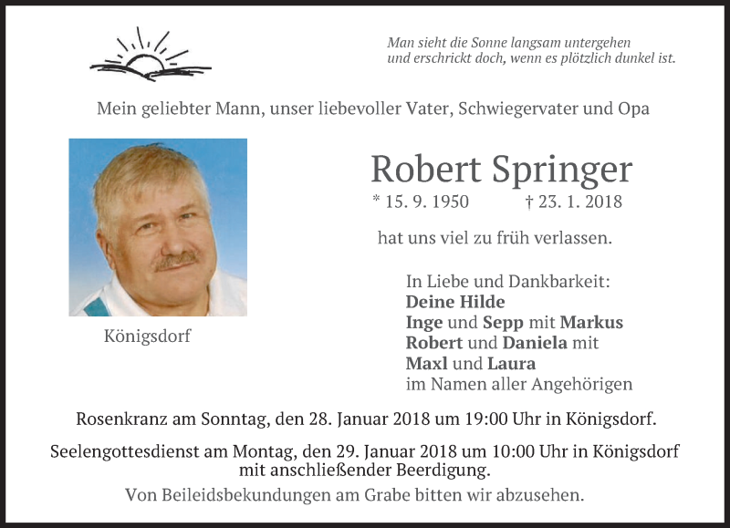  Traueranzeige für Robert Springer vom 26.01.2018 aus merkurtz