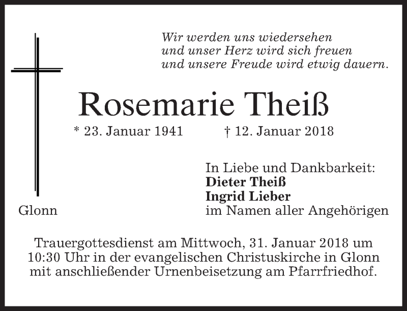  Traueranzeige für Rosemarie Theiß vom 16.01.2018 aus merkurtz