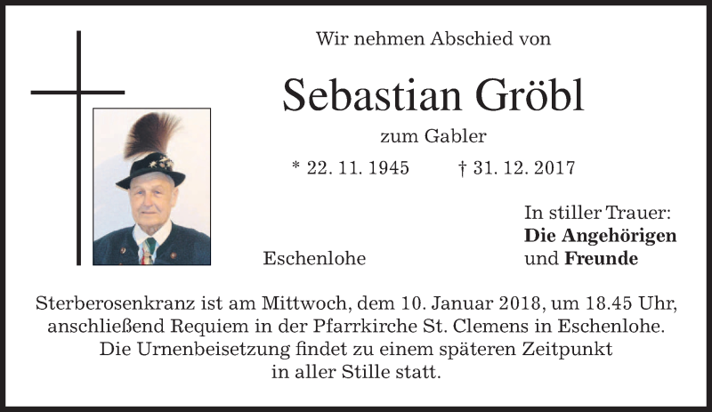  Traueranzeige für Sebastian Gröbl vom 08.01.2018 aus merkurtz