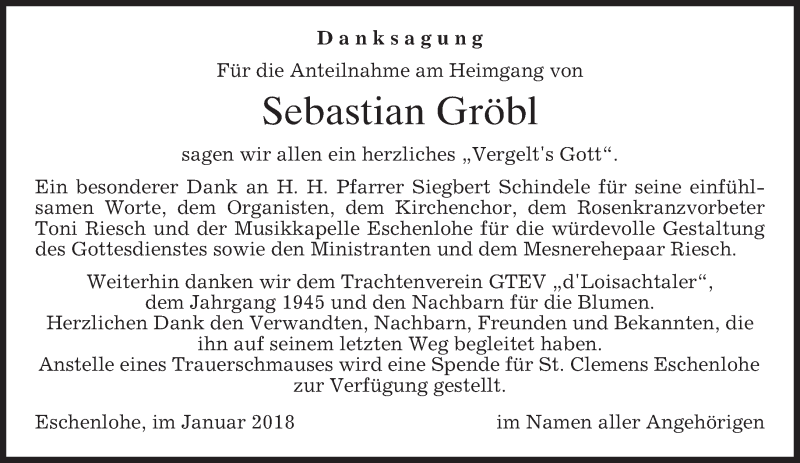  Traueranzeige für Sebastian Gröbl vom 27.01.2018 aus merkurtz