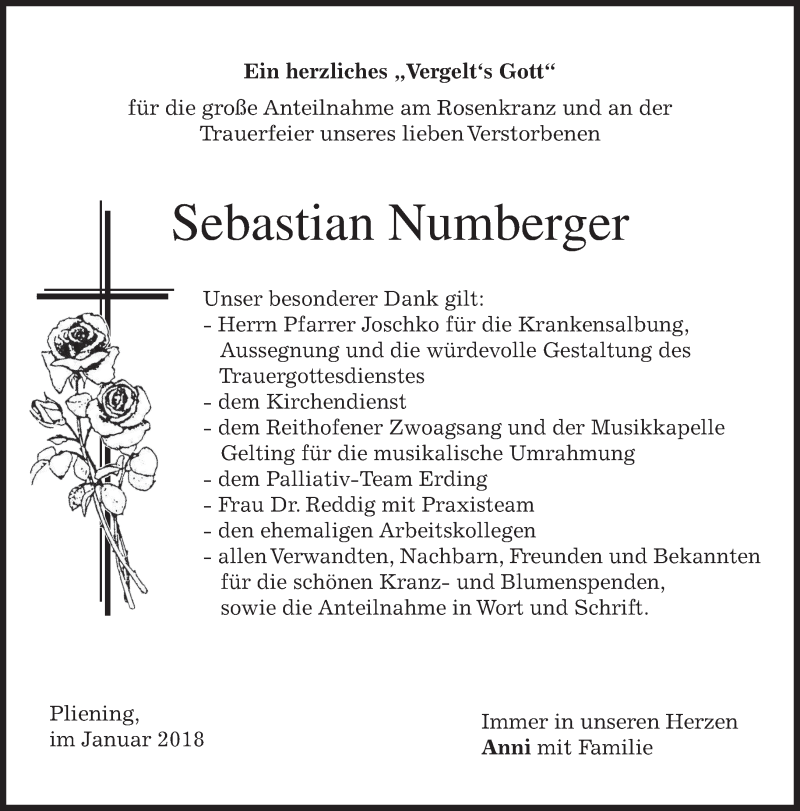  Traueranzeige für Sebastian Numberger vom 20.01.2018 aus merkurtz