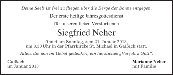Traueranzeige von Siegfried Neher von merkurtz