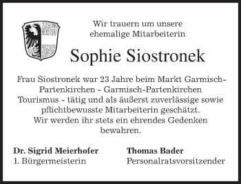 Traueranzeige von Sophie Siostronek von merkurtz