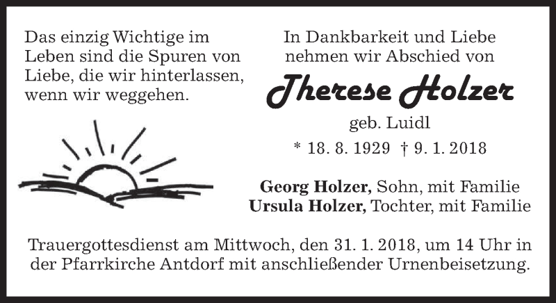  Traueranzeige für Therese Holzer vom 27.01.2018 aus merkurtz