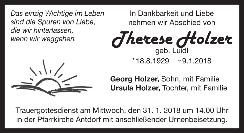  Traueranzeige für Therese Holzer vom 27.01.2018 aus Das Gelbe Blatt Penzberg