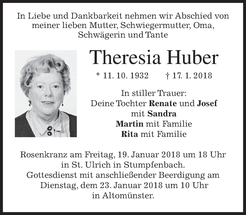  Traueranzeige für Theresia Huber vom 19.01.2018 aus merkurtz