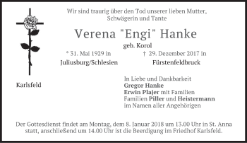 Traueranzeige von Verena  Hanke von merkurtz