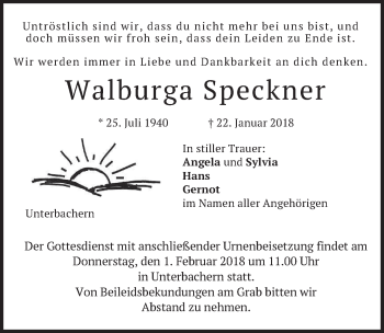 Traueranzeige von Walburga Speckner